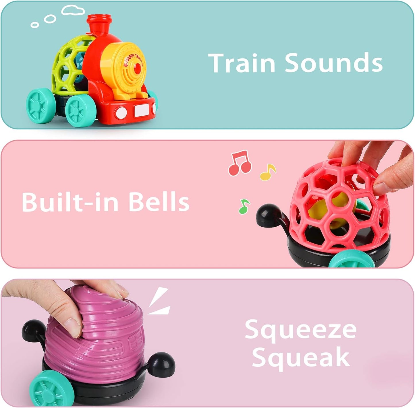 iPlay, iLearn Tren de juguete para bebés, autos suaves para niños de 6 a 12 meses, camión musical Push N Go, sonajero sensorial para niños pequeños, regalo de cumpleaños de bebés de 7, 8, 9, 10, 11,