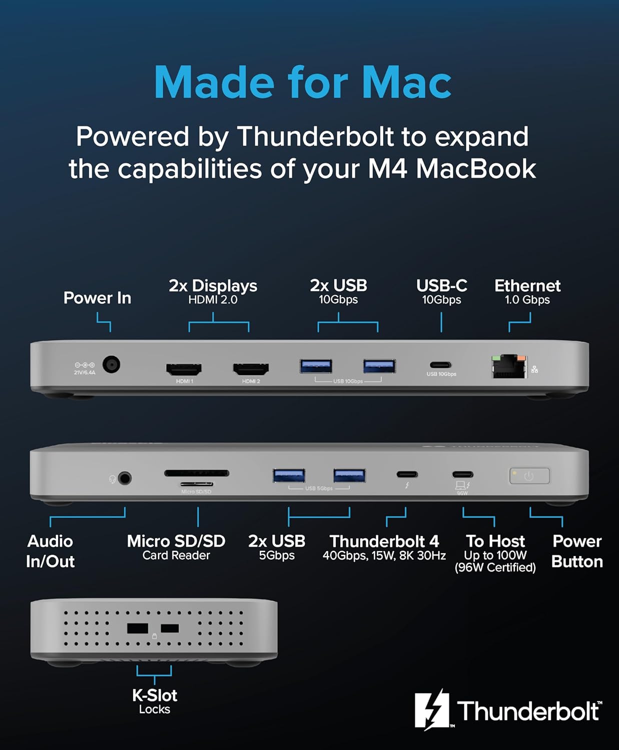 Plugable Base Thunderbolt 4 para M4 MacBook Air y M5 Pro: Estación de Acoplamiento para Portátil sin Controladores con Carga de 100W, Monitor Dual HDMI 4K o Individual 6K, 6X USB, SD, Ethernet