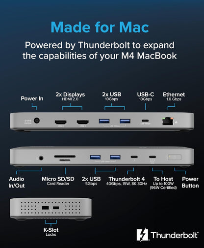 Plugable Base Thunderbolt 4 para M4 MacBook Air y M5 Pro: Estación de Acoplamiento para Portátil sin Controladores con Carga de 100W, Monitor Dual HDMI 4K o Individual 6K, 6X USB, SD, Ethernet