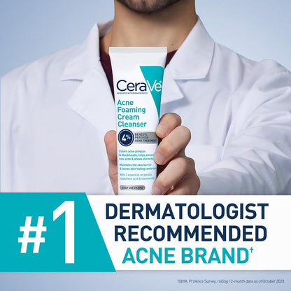 CeraVe Limpiador en crema espumosa para el acné, lavado facial de peróxido de benzoilo al 4% con ácido hialurónico, niacinamida y ceramidas, tratamiento diario suave para el acné para la cara