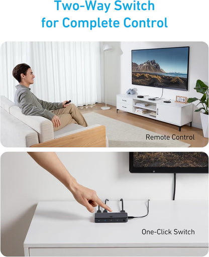 Anker Conmutador HDMI, Conmutador HDMI 4K@60Hz, 4 en 1 salida con acabado suave, compatible con HDR, 3D, Dolby, DTS, compatible con laptops, PC, Xbox, proyector (cargador y baterías del control remoto