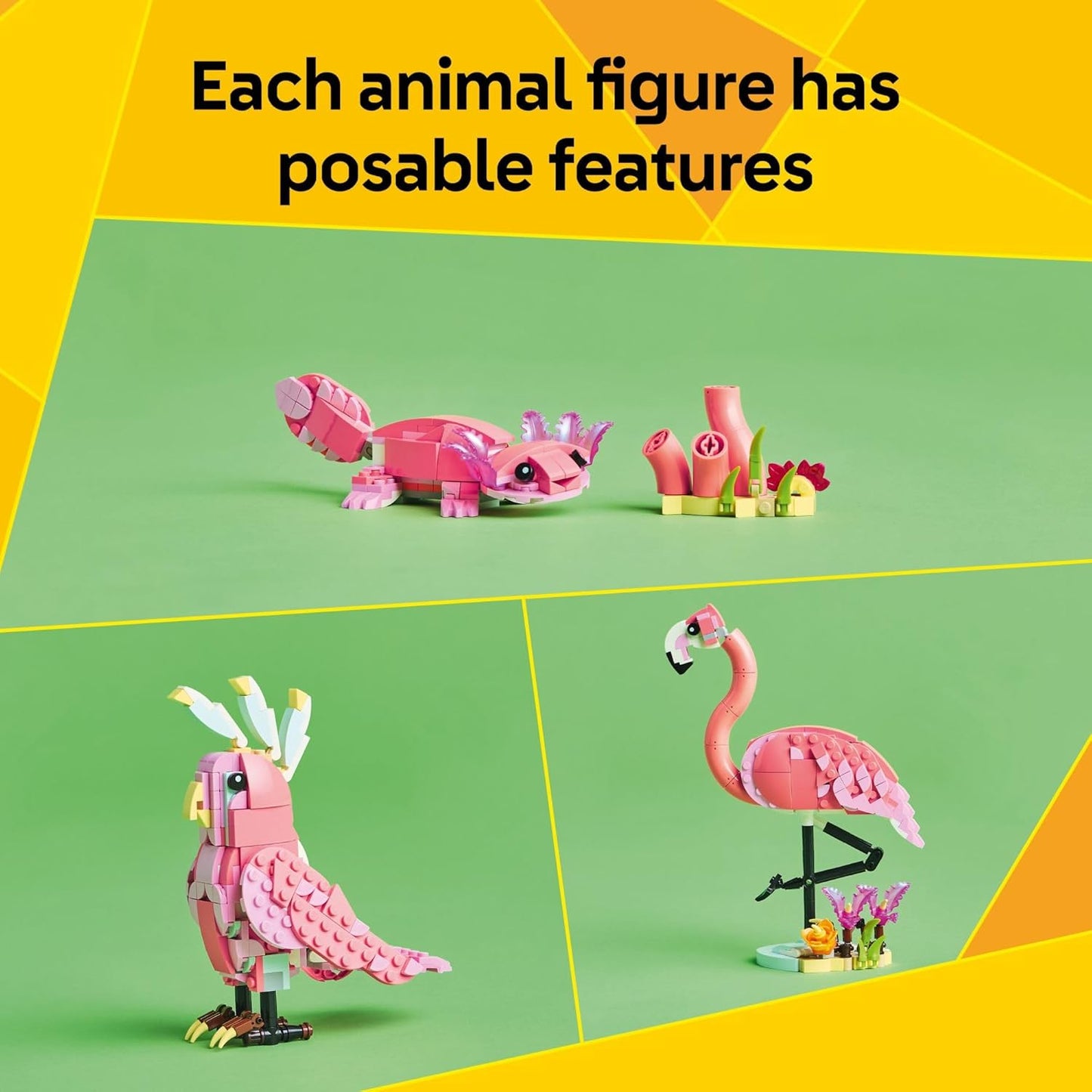 LEGO Creator 3 en 1 Animales Salvajes: Juguete de Construcción de Animales de Flamenco Rosa - Juego con 3 Opciones de Construcción, Flamenco Rosa, Cacatúa o Ajolote - Juguete Educativo para Niños