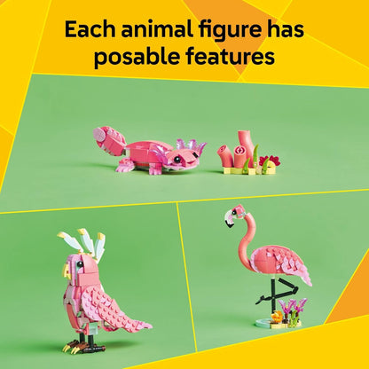 LEGO Creator 3 en 1 Animales Salvajes: Juguete de Construcción de Animales de Flamenco Rosa - Juego con 3 Opciones de Construcción, Flamenco Rosa, Cacatúa o Ajolote - Juguete Educativo para Niños