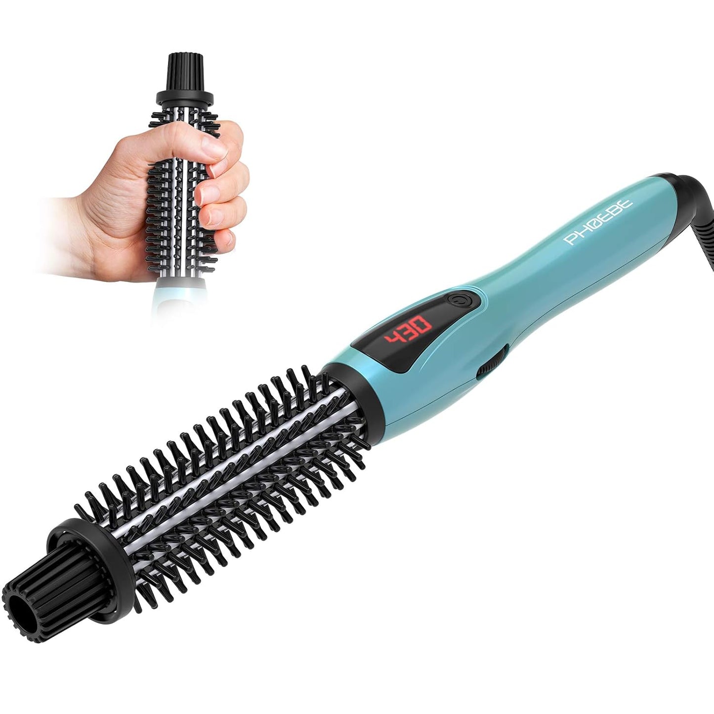 Phoebe Rizador con Cepillo, cerdas antiquemaduras, calentamiento instantáneo, doble voltaje, cerámica turmalina iónica, varita rizadora para todo tipo de cabello (1 pulgada)