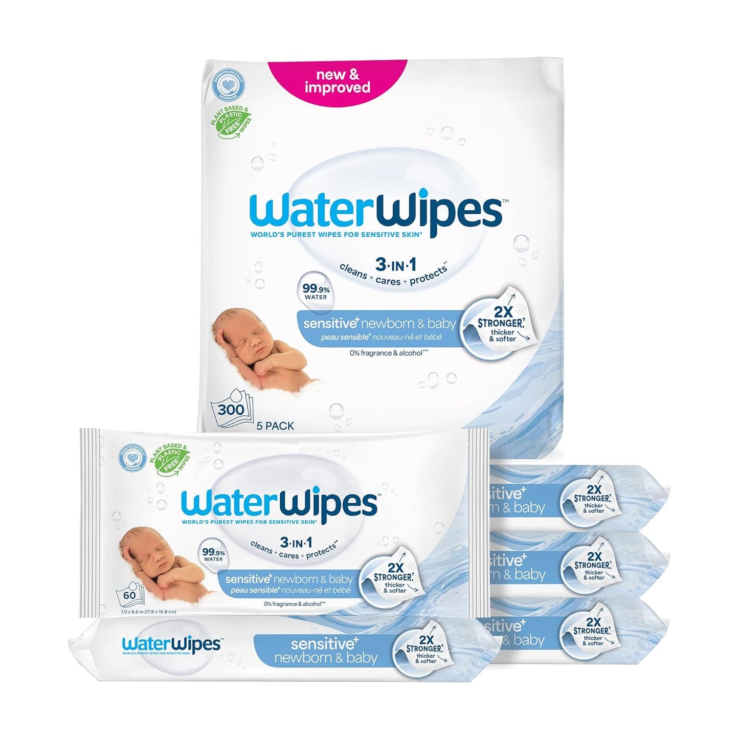 WaterWipes Sensitive+ Toallitas para Recién Nacidos y Bebés, 3 en 1...