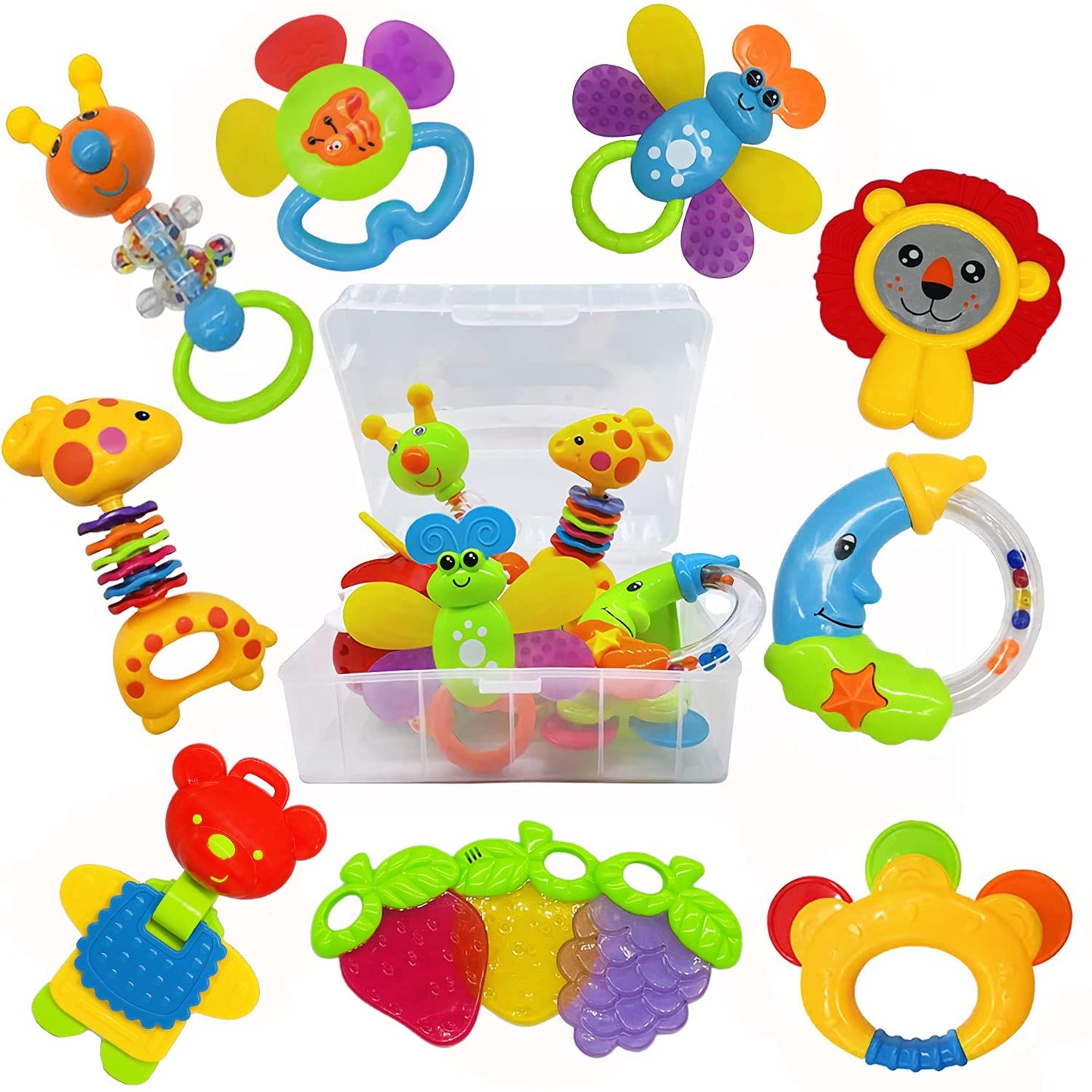 AIVIAI Juguetes para bebés de 0 a 6 meses, juguetes para bebés de 0 a 3 meses, sonajeros para bebés, juego de juguetes con caja de almacenamiento, sonajeros musicales para recién nacidos, juego de regalos con el primer sonajero del bebé (11 piezas)