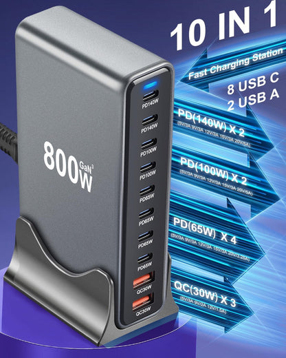 800W Bloque de Carga Rápida USB C, Estación de Carga USB de 10 Puer...