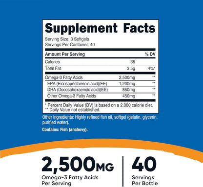 Nutricost Aceite de pescado Omega 3, 2500 mg, 120 cápsulas blandas...