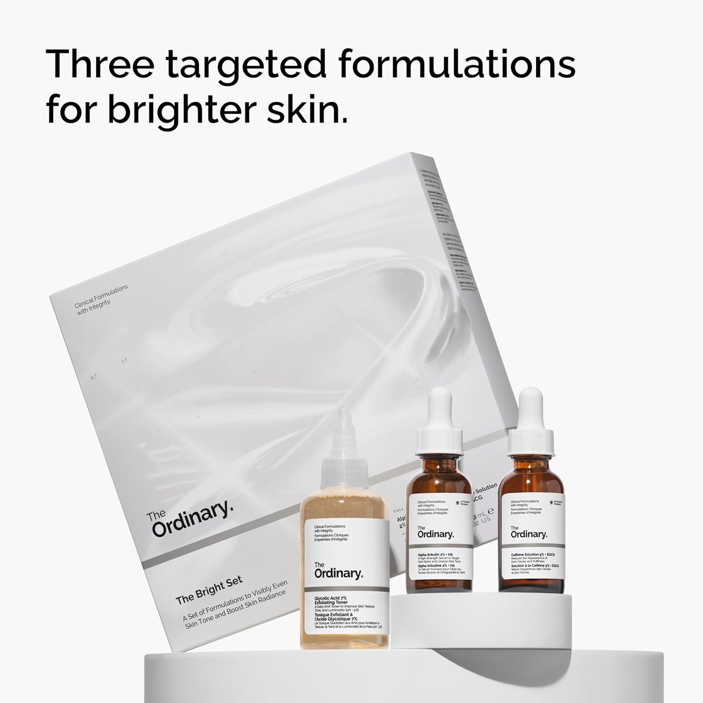 The Ordinary El Set Luminoso, régimen de 3 pasos para un tono de piel radiante y uniforme con tónico exfoliante de ácido glicólico al 7%, Alpha Arbutin 2% + AH, y solución de cafeína 5% + EGCG | Set