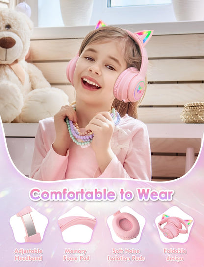 Auriculares Bluetooth para niños con micrófono, con luz LED de orej...