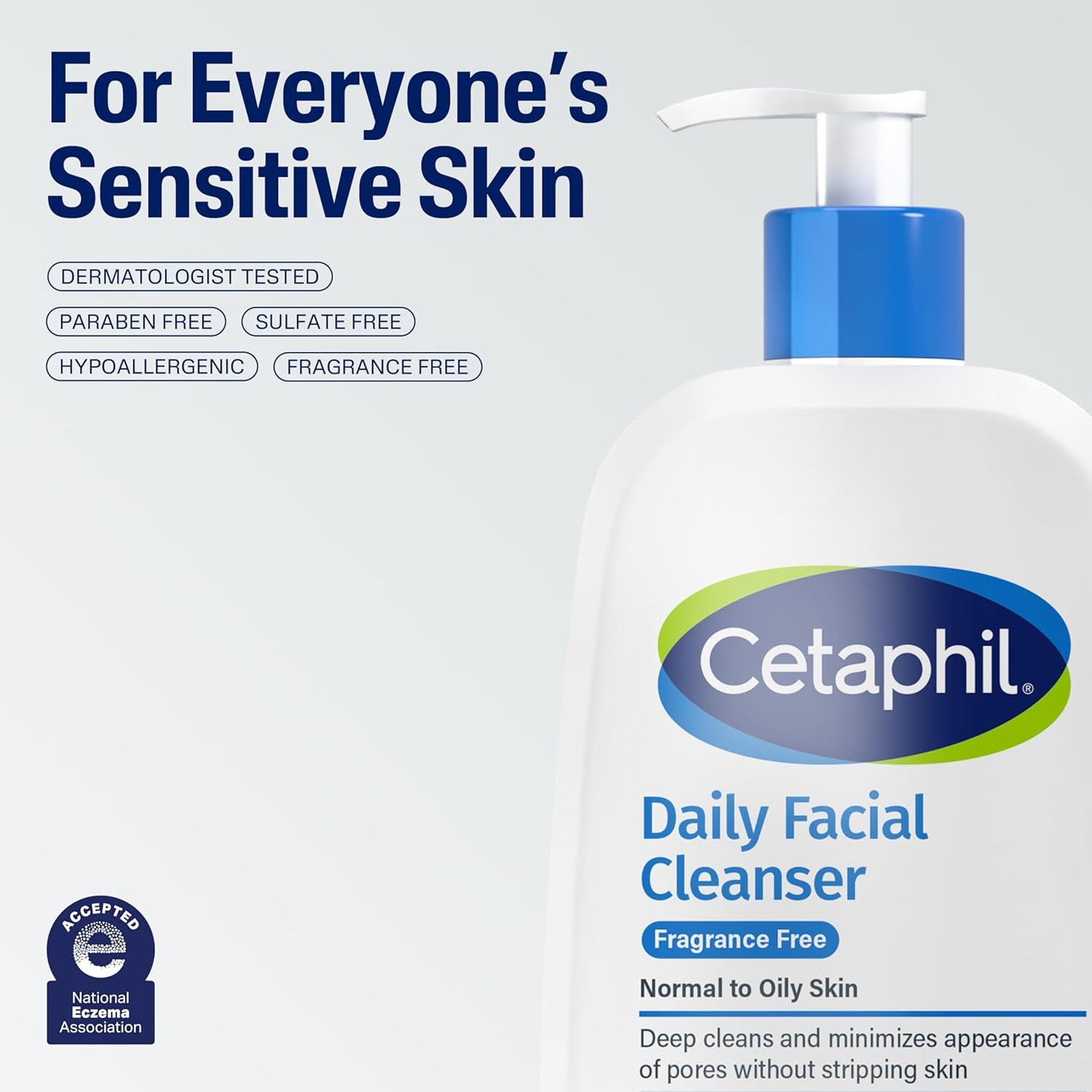 Cetaphil Lavado Facial, Limpiador Facial Diario para Piel Sensible, Mixta a Grasa, 16 Oz, Sin Fragancia, Espuma Suave, Sin Jabón, Hipoalergénico