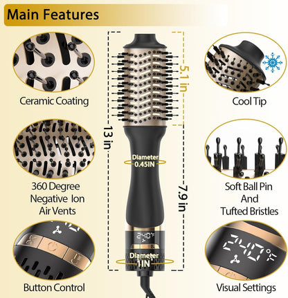 Nicebay Cepillo secador de pelo en uno, cepillo secador de pelo para mujeres, cepillo de soplado de un paso con pantalla de visualización, barril de cerámica ovalado, iones negativos, negro y rojo