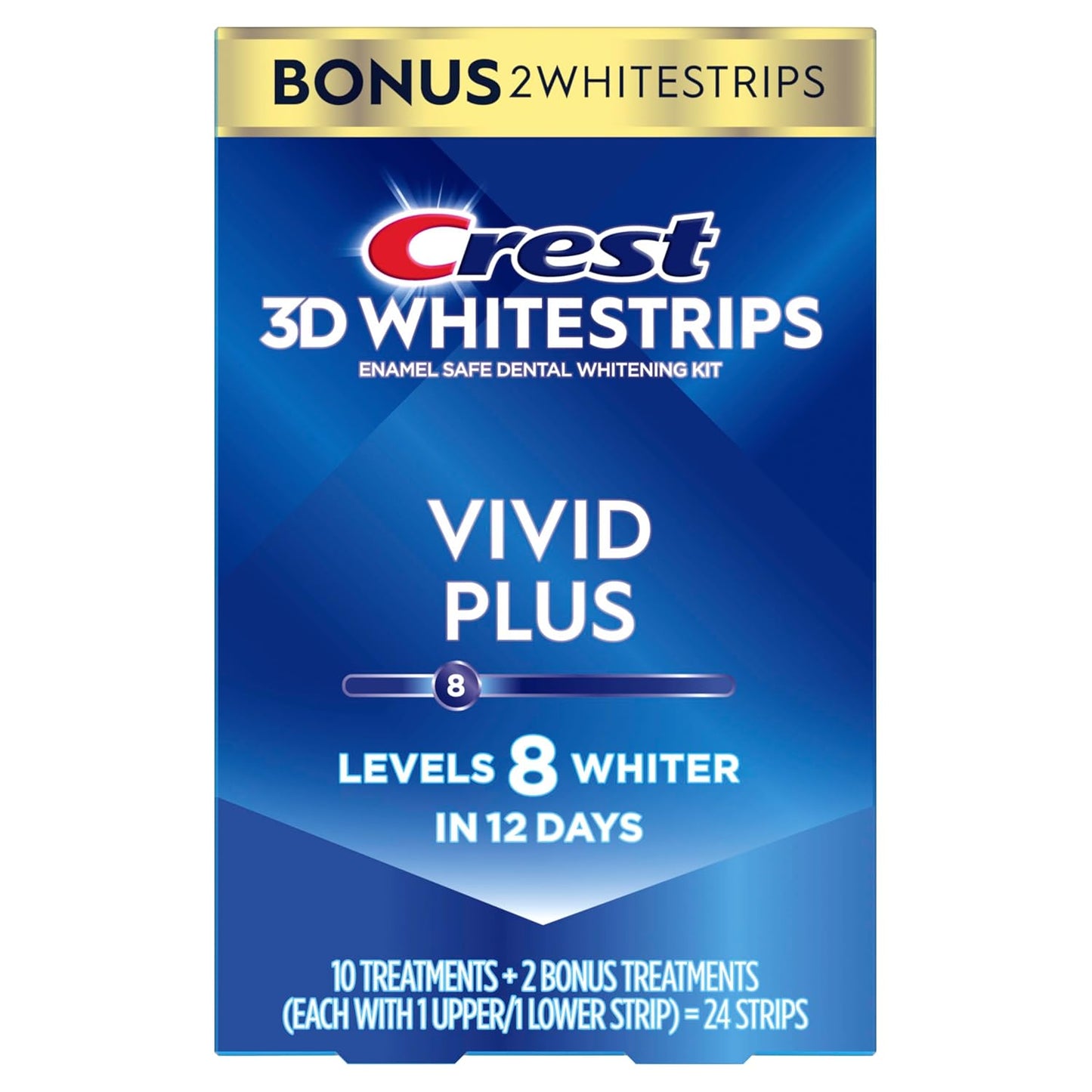 Crest 3D Whitestrips Vivid Plus, kit de tiras blanqueadoras de dientes, 10 tratamientos + 2 tratamientos adicionales (cada uno con 1 tira superior/1 inferior), 24 tiras, 8 niveles más blancos, kit de