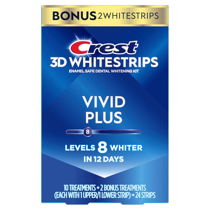 Crest 3D Whitestrips Vivid Plus, kit de tiras blanqueadoras de dientes, 10 tratamientos + 2 tratamientos adicionales (cada uno con 1 tira superior/1 inferior), 24 tiras, 8 niveles más blancos, kit de