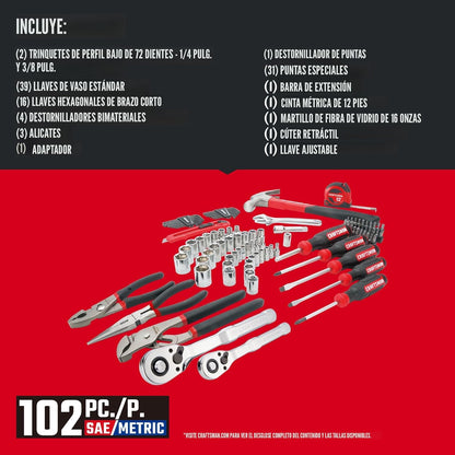 CRAFTSMAN Kit de herramientas de 102 piezas para el hogar y el automóvil, juego de herramientas manuales duraderas con juego de dados SAE y métricos, destornilladores, llave inglesa, martillo