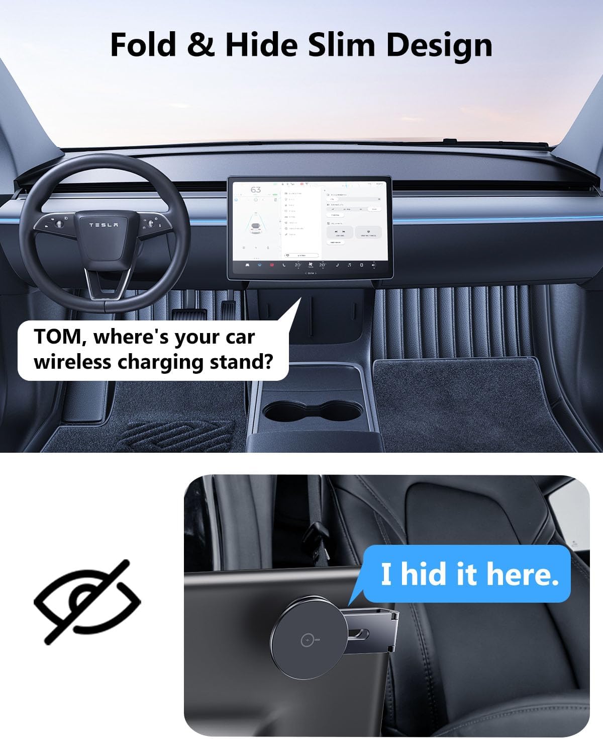 Cargador de soporte para teléfono Tesla: soporte inalámbrico de 15 W para Tesla Model 3/Y Accesorios 【 Imán N52 más fuerte + ajustable en 360° + diseño plegable? Soporte de coche para iPhone