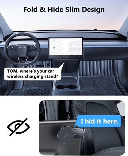 Cargador de soporte para teléfono Tesla: soporte inalámbrico de 15 W para Tesla Model 3/Y Accesorios 【 Imán N52 más fuerte + ajustable en 360° + diseño plegable? Soporte de coche para iPhone