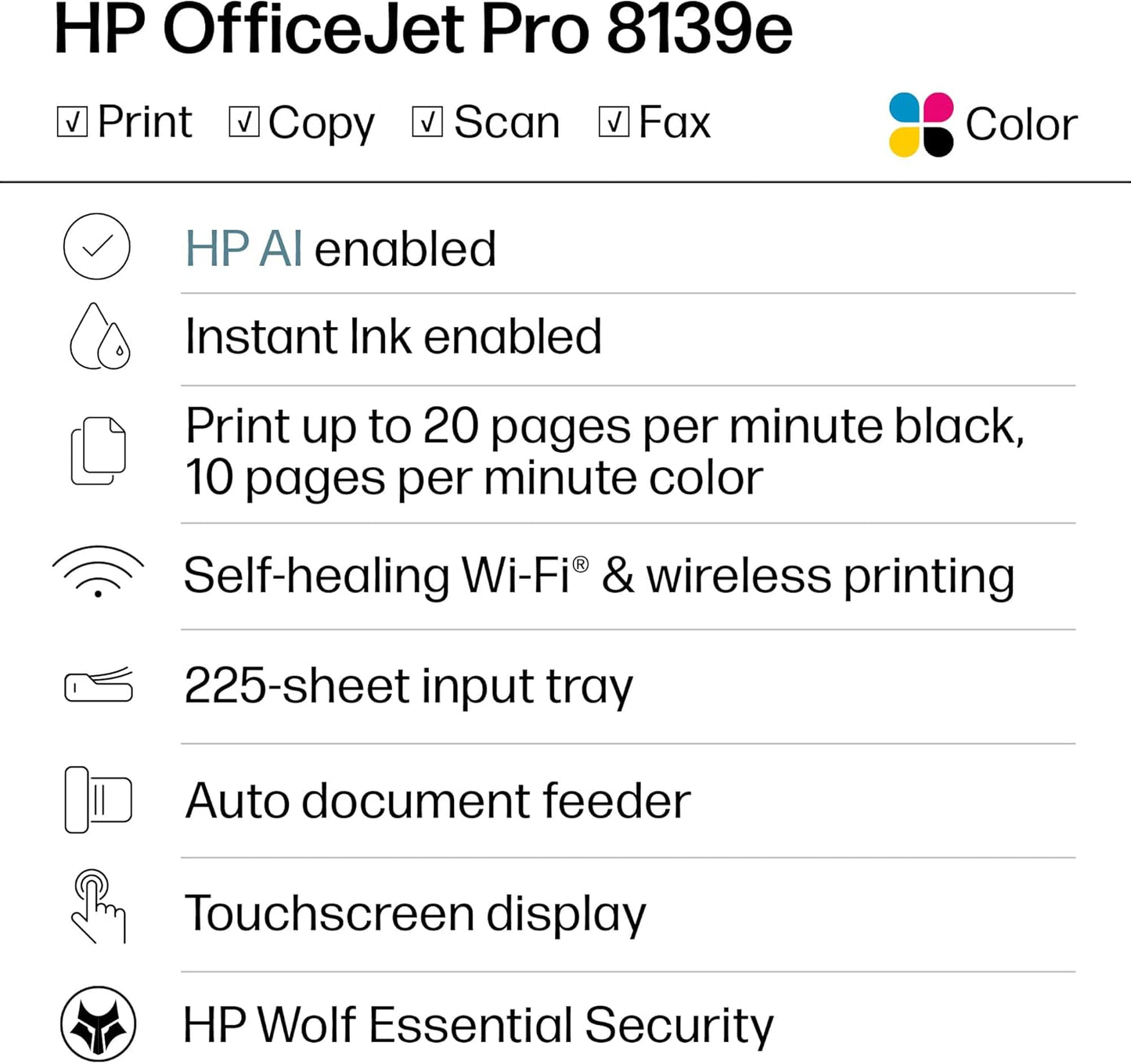 HP OfficeJet Pro 8139e Impresora inalámbrica de inyección de tinta todo en uno, impresión, escaneo, copia, fax, ADF, impresión a doble cara Lo mejor para la oficina en casa, 1 año de prueba de tinta instantánea incluida, habilitada para IA (40Q51A)