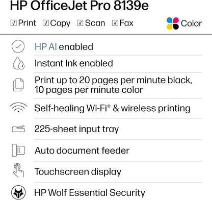 HP OfficeJet Pro 8139e Impresora inalámbrica de inyección de tinta todo en uno, impresión, escaneo, copia, fax, ADF, impresión a doble cara Lo mejor para la oficina en casa, 1 año de prueba de tinta instantánea incluida, habilitada para IA (40Q51A)