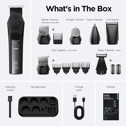 Yineel HC600 - Cortadora de barba para hombres, kit de aseo inalámbrico todo en uno, maquinilla de afeitar eléctrica impermeable y cortadora de pelo para cara, bigote, cuerpo, nariz, corte de pelo