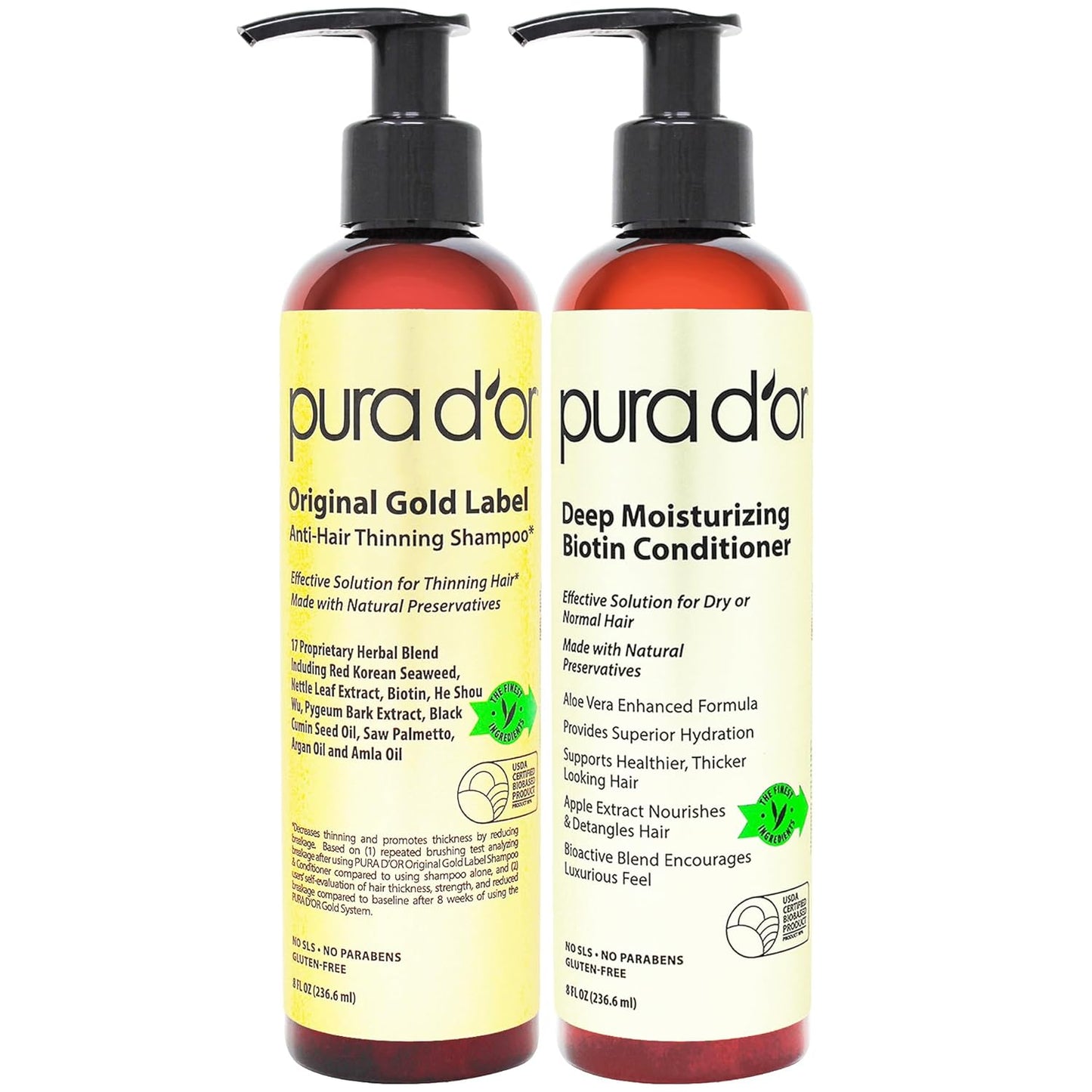 PURA D'OR Champú y acondicionador de biotina antiadelgazante, a...