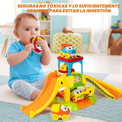 Marstone Juguetes para niños y niñas de 1 a 2 años: tobogán educativo de elefante con 4 juguetes de coche de animales para bebés de 12 a 18 meses, regalos de primer cumpleaños para niños, pistas de