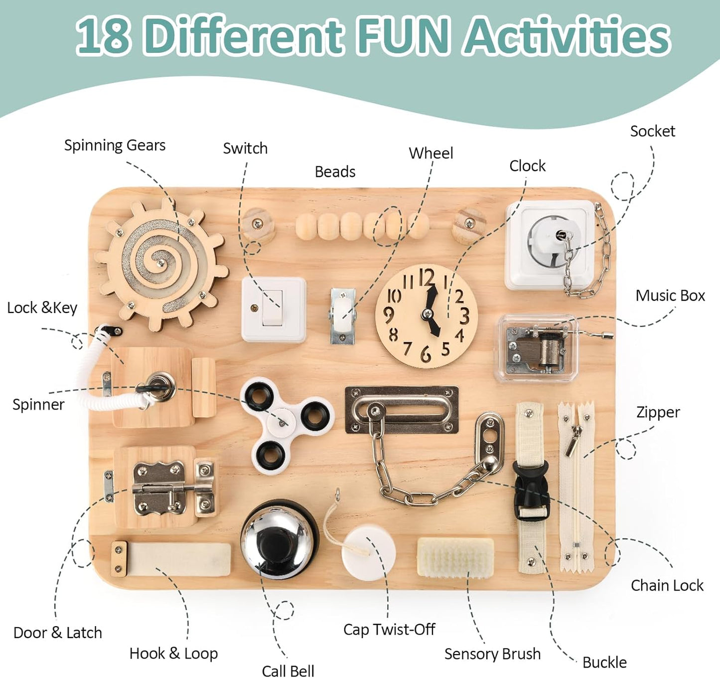 Potatomato Montessori Tabla Grande de Actividades para 1 2 3 4 Años - Juguetes Sensoriales de Madera - Tablero de Actividades Fidget para Niños Pequeños y Niñas - Regalos de Habilidades Motoras para