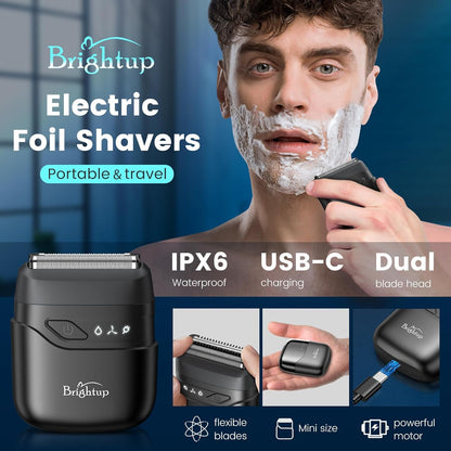 Brightup Afeitadoras eléctricas de aluminio para hombres, mini maquinilla de afeitar eléctrica para afeitarse la cara, afeitadora compacta de viaje con cuchillas flotantes, maquinilla de afeitar impermeable en húmedo y seco recargable por USB C