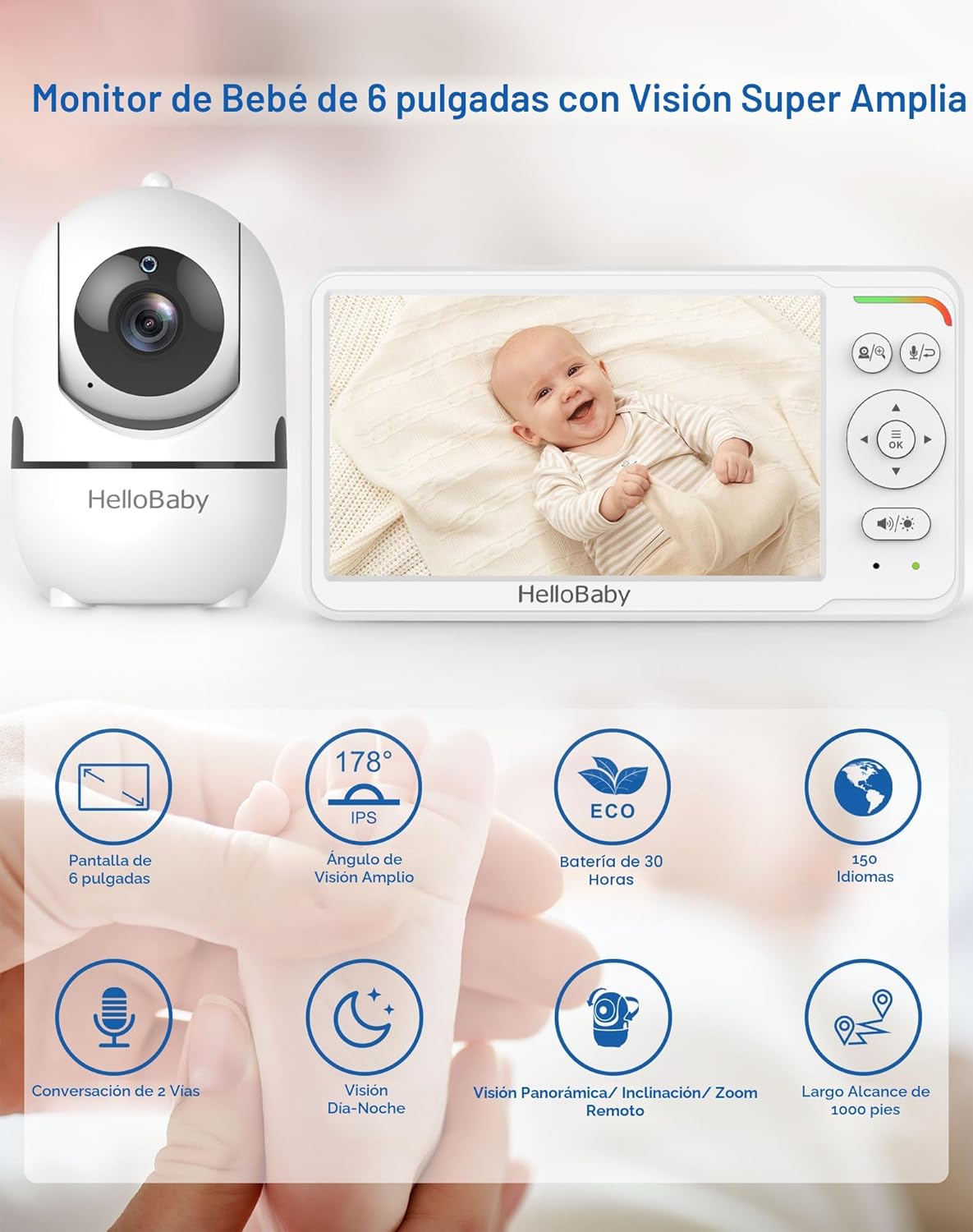 HelloBaby - Monitor de bebé de 6 pulgadas, primera pantalla IPS del...