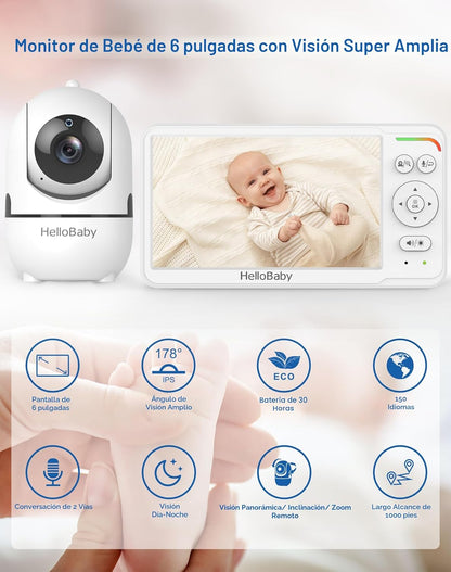 HelloBaby - Monitor de bebé de 6 pulgadas, primera pantalla IPS del...