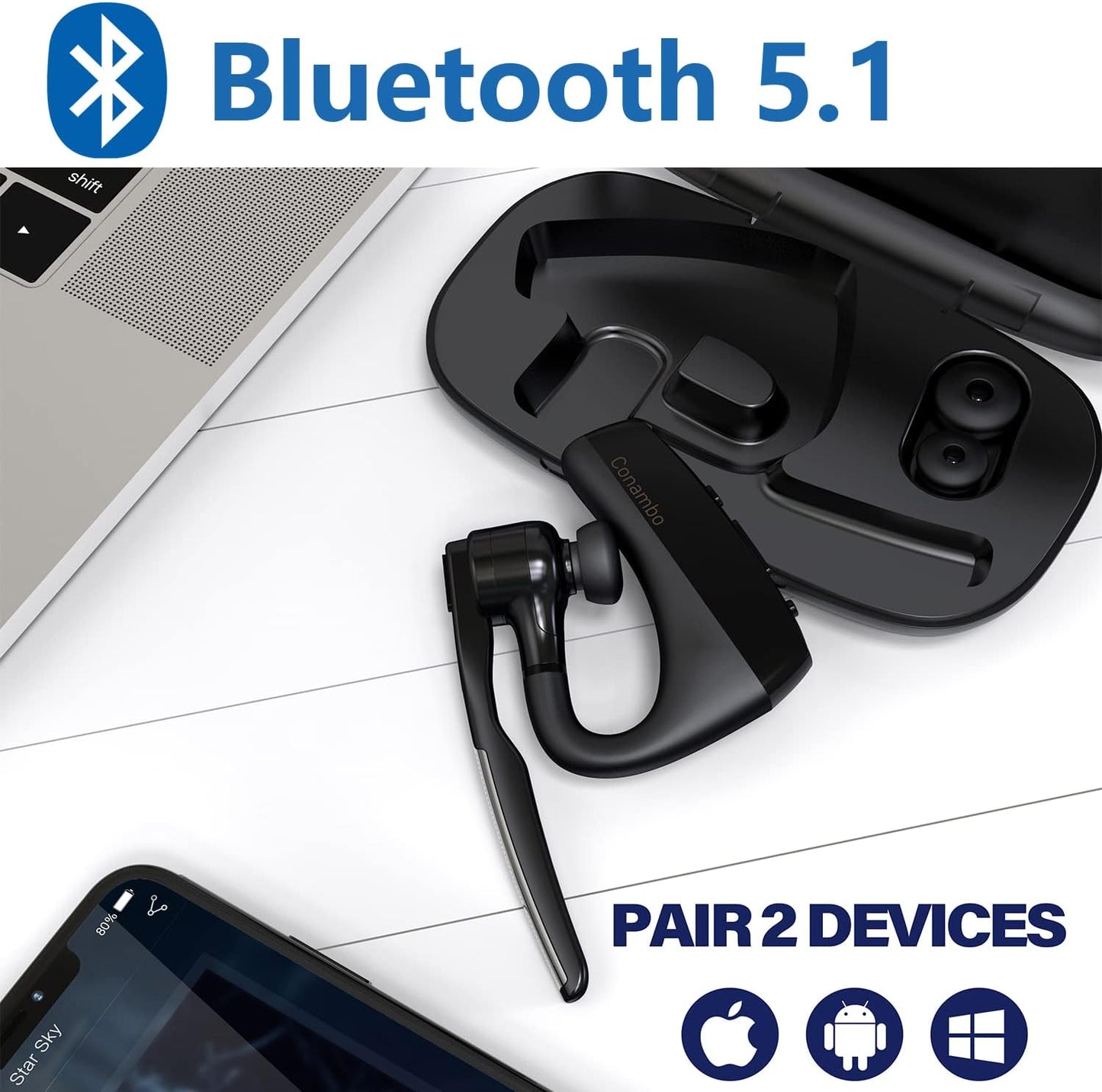 CONAMBO Auriculares Bluetooth V5.1, 16 horas HD Talktime CVC8.0 Dual Mic Cancelación de Ruido Manos Libres Auricular Bluetooth para Teléfono Celular iPhone Android Conducción Negocios Oficina