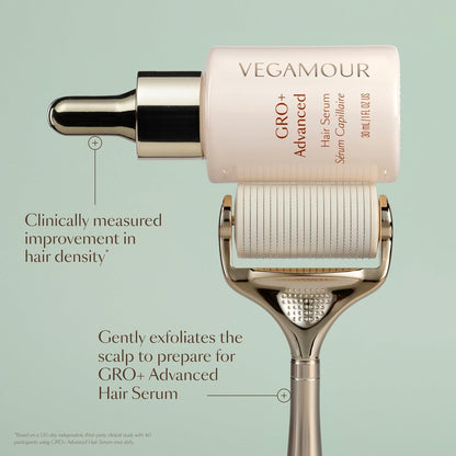 VEGAMOUR GRO+ Advanced Dermaroller | 1,200 Microneedles de 0.25mm Herramienta para el cuero cabelludo | Exfolia suavemente el cuero cabelludo | Cabezal ancho para máxima cobertura