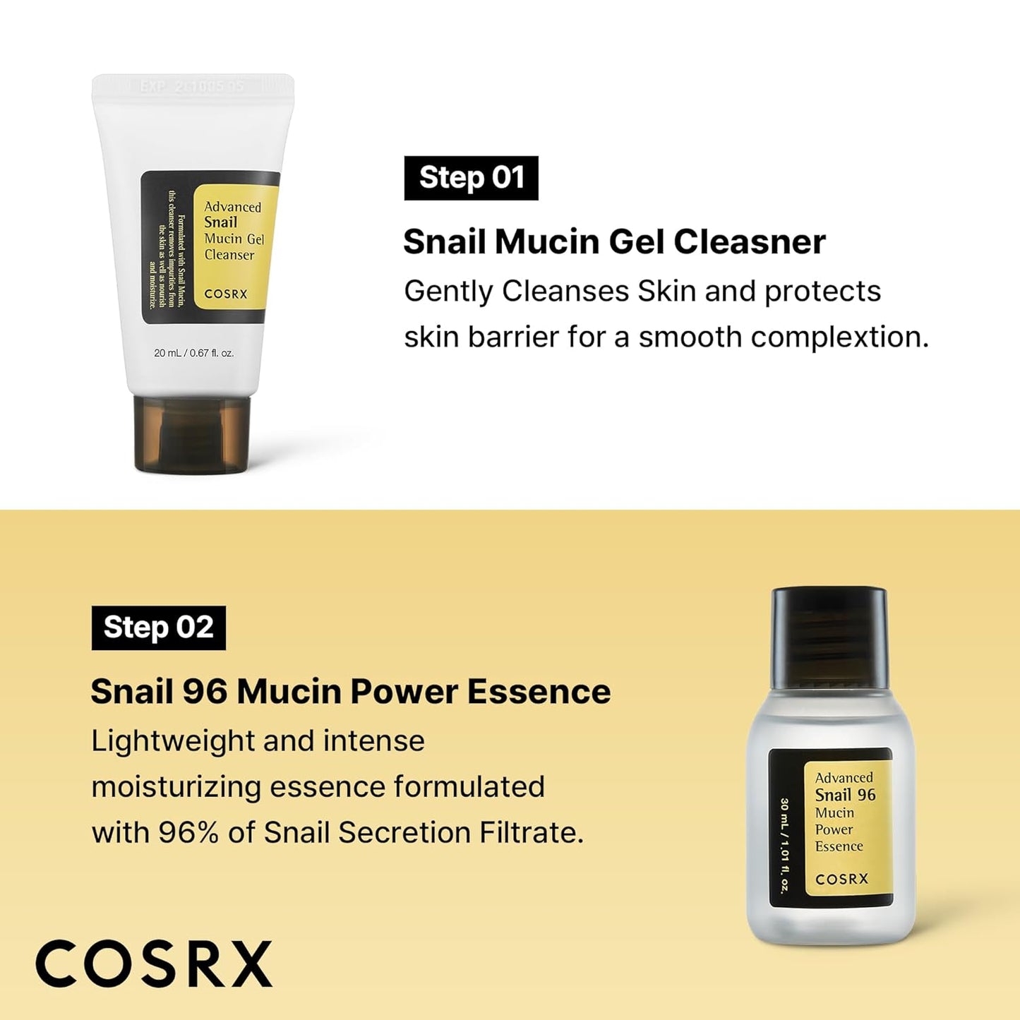 COSRX All About Snail Mucin - Juego de cuidado de la piel coreano, mini artículos esenciales de viaje, juego de regalo de tamaño de viaje con lavado facial de mucina de caracol, suero, crema hidratante y crema para ojos, kit rejuvenecedor
