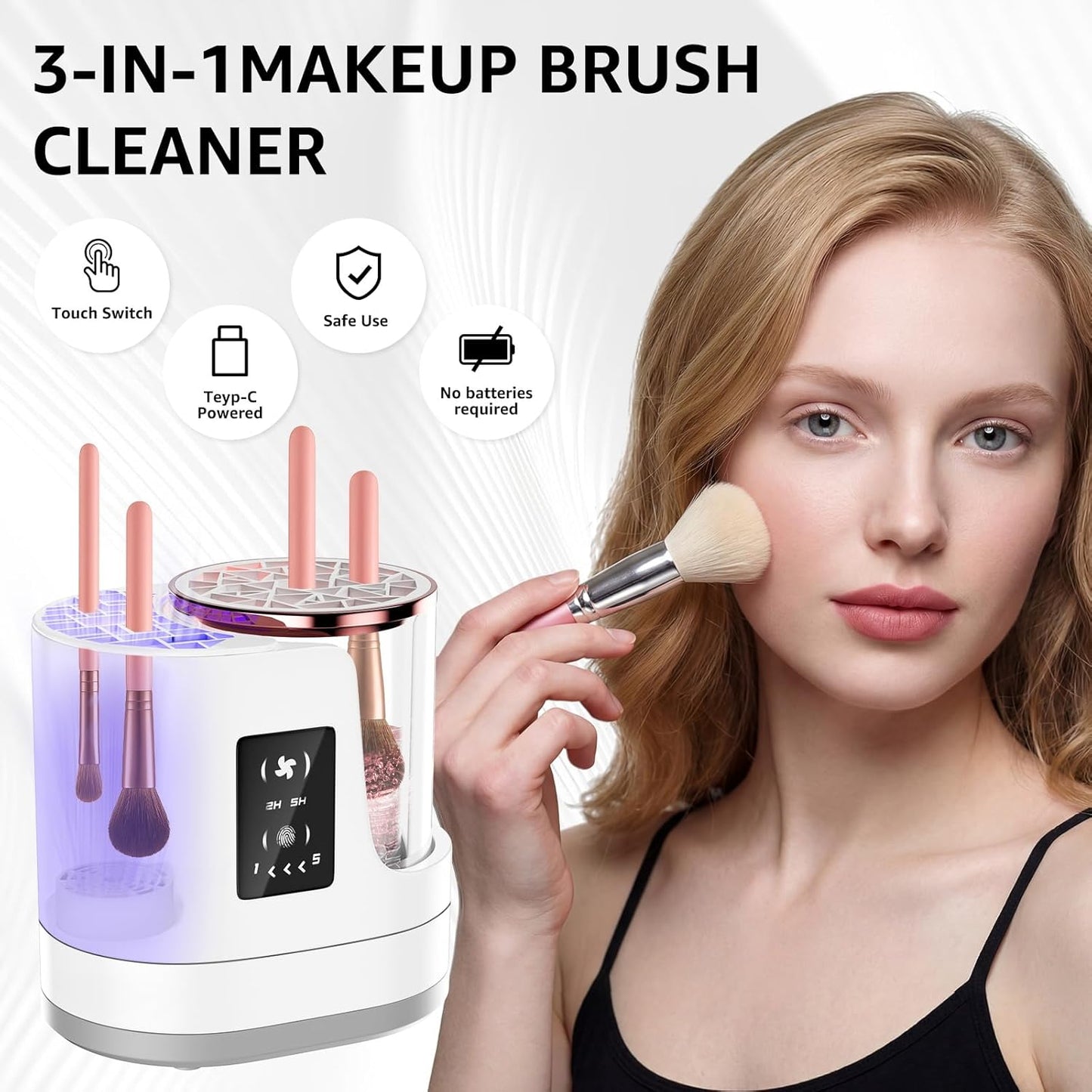 3-in-1 Electric Makeup Brush Cleaner & Dryer, Automatic Brush Cleaner Machine with Deep Cleaning & Adjustable Drying, USB-Powered for All Size Makeup Brushes, Blush Brushes & Sponges