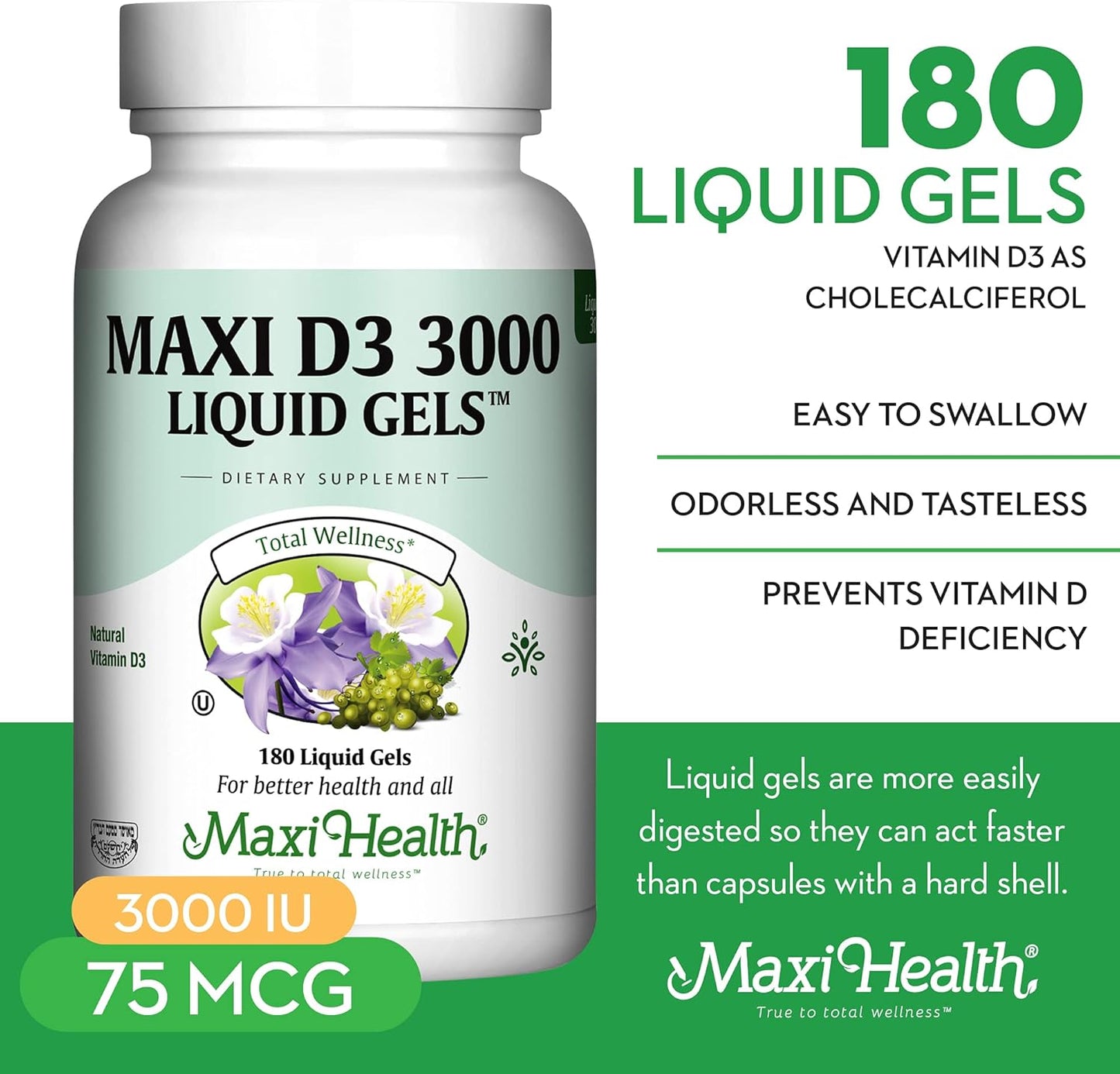Maxi Health Vitamina D3 3000 UI 75 mcg Suplemento de vitamina D par...