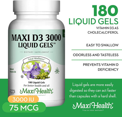 Maxi Health Vitamina D3 3000 UI 75 mcg Suplemento de vitamina D par...