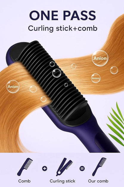 Cepillo alisador de cabello iónico mejorado, peine alisador para mujeres con 9 ajustes de temperatura, pantalla LED, calentamiento rápido (250°F-410°F), doble voltaje, azul