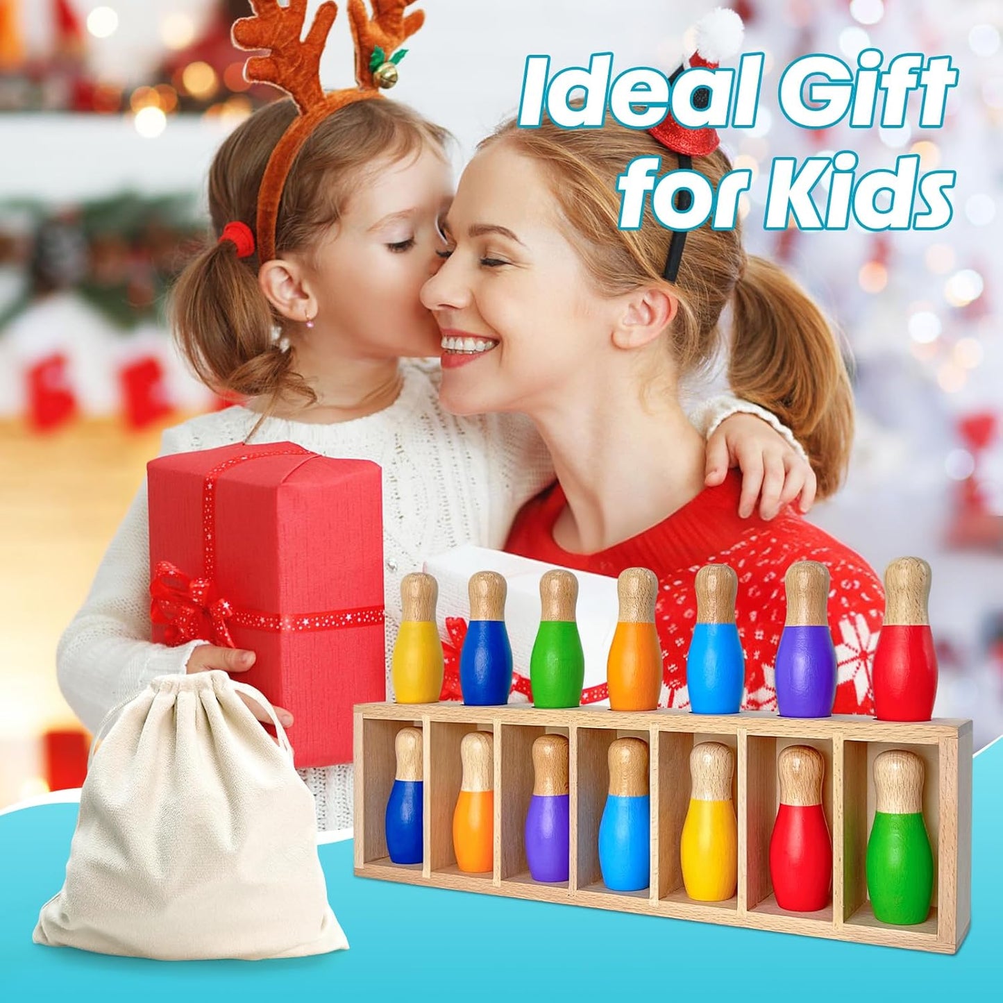 pamexin Juegos familiares para niños, juego de bolos de madera a ju...