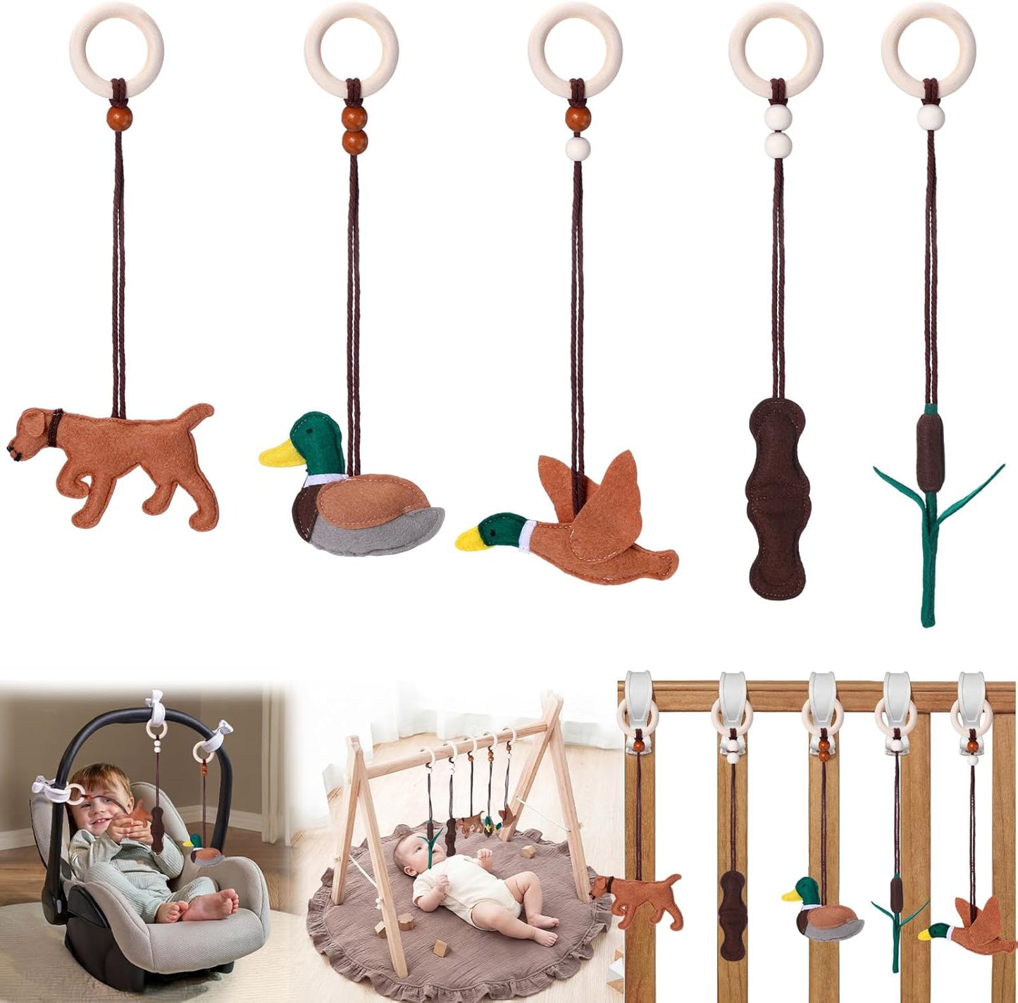 5 piezas de juguetes colgantes de gimnasio para bebés, juguetes sensoriales de fieltro de madera, colgante de actividad de madera para decoración del hogar y guardería