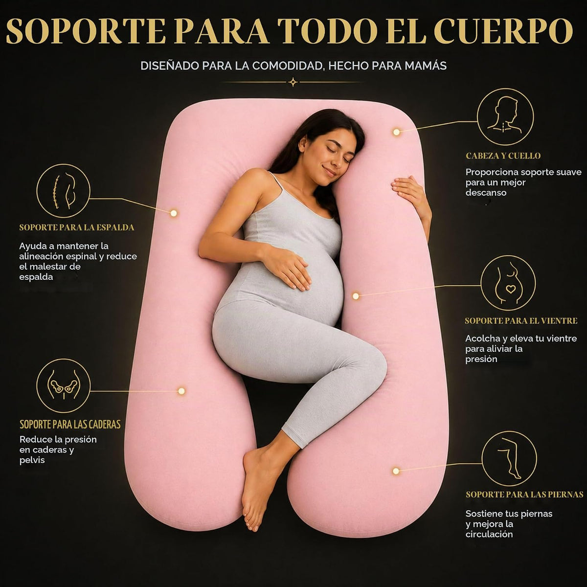 Almohada de embarazo en forma de U, funda 100% algodón, soporte de...