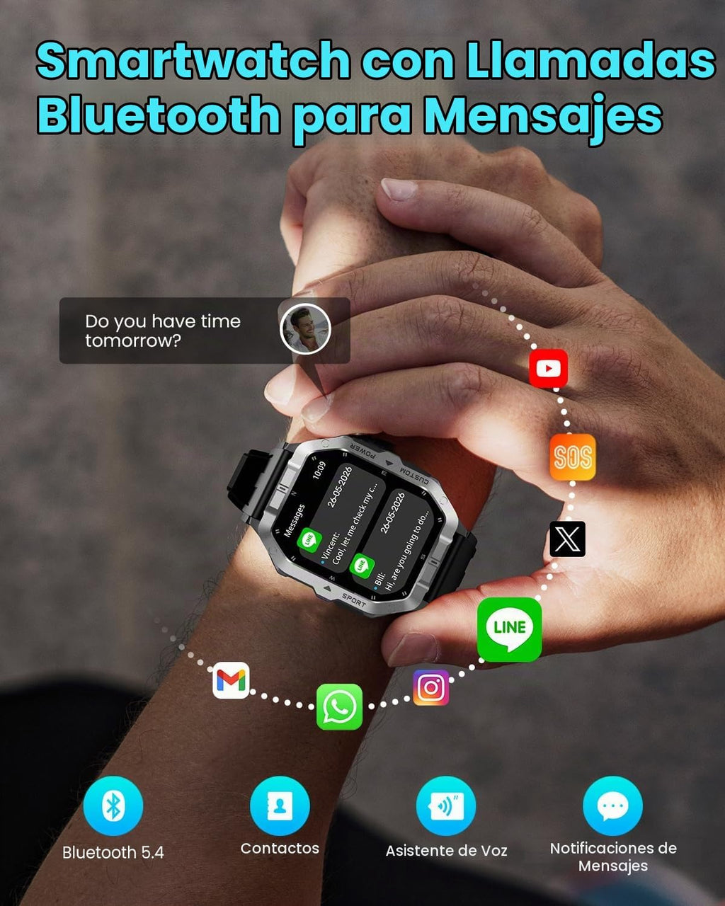 Relojes inteligentes militares para hombres, Smartwatch FitnessTrac...