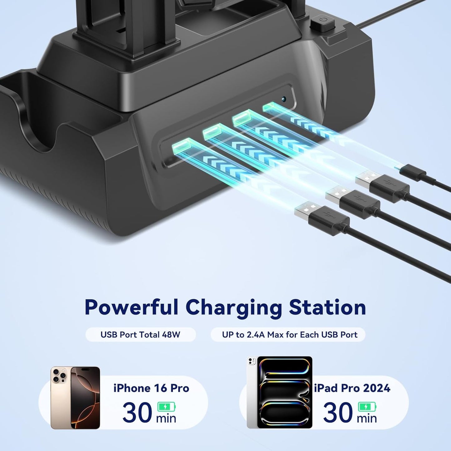 KDD Estación de carga para múltiples dispositivos - Base de carga de 4 puertos con controlador y soporte para auriculares - 3 USB A y 1 USB C para teléfono celular, tableta y otros dispositivos