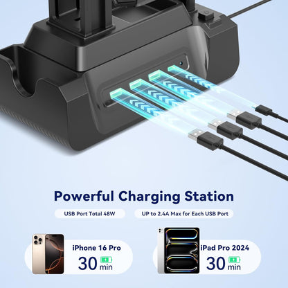 KDD Estación de carga para múltiples dispositivos - Base de carga de 4 puertos con controlador y soporte para auriculares - 3 USB A y 1 USB C para teléfono celular, tableta y otros dispositivos