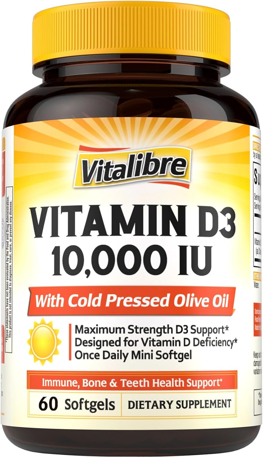 Vitalibre Vitamina D3 de máxima fuerza 10,000 UI (250 mcg), altamen...