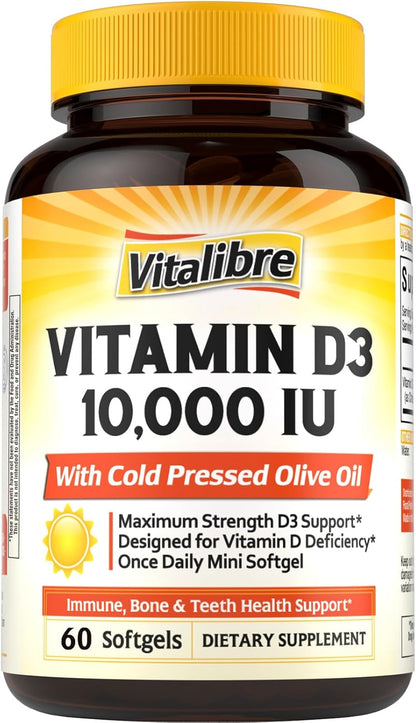 Vitalibre Vitamina D3 de máxima fuerza 10,000 UI (250 mcg), altamen...