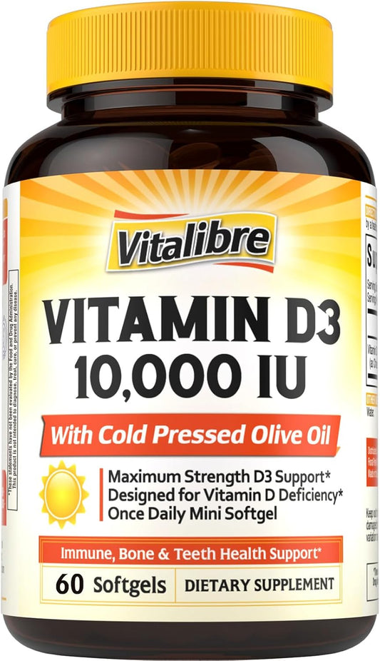 Vitalibre Vitamina D3 de máxima fuerza 10,000 UI (250 mcg), altamen...