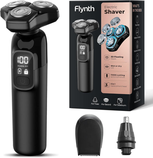 Maquinilla de afeitar eléctrica para hombres Flynth 3 en 1, afeitadora inalámbrica giratoria de 3 cuchillas húmeda/seca para barba, nariz y cara, IPX7, impermeable, carga rápida, recortadora de viaje