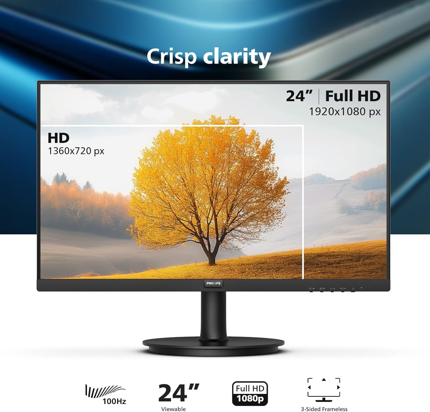 Philips Nuevo Monitor Full HD (1920 x 1080) de 24 pulgadas sin marco, 100Hz, VESA, HDMI x1, Puerto VGA x1, Cuidado de los ojos, Garantía de reemplazo anticipado de 4 años, 241V8LB, Negro