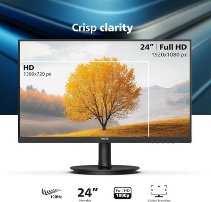 Philips Nuevo Monitor Full HD (1920 x 1080) de 24 pulgadas sin marco, 100Hz, VESA, HDMI x1, Puerto VGA x1, Cuidado de los ojos, Garantía de reemplazo anticipado de 4 años, 241V8LB, Negro