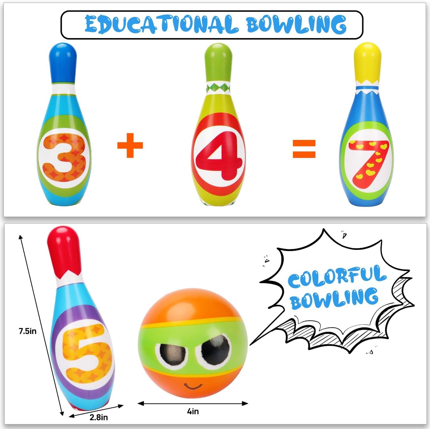 Juego de bolos para niños AugToy 2-5 años, juego de bolos de interior suave para niños de 1, 2, 3, 4 años, niños y niñas, 10 pines de bolos de espuma coloridos, 2 bolas de bolos, juego sensorial de
